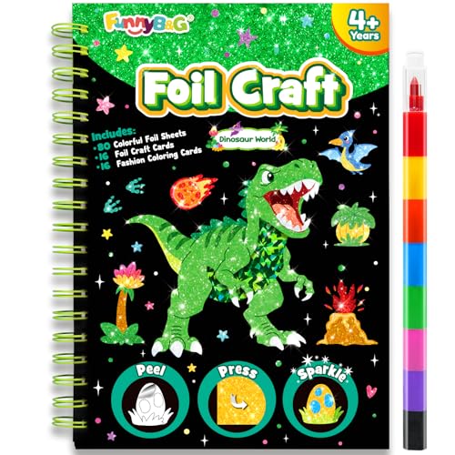 FUNNYB&G Foil Art Craft Kit for Boys 4-10 Years Old: Mess-Free & No-Glue, Create 16 Sparkly Dinosaur World Pictures – Perfect Travel Toy & Birthday Gift for Kids (Dinosaur World) - style: Dinosaur World