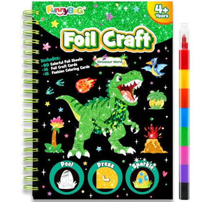 FUNNYB&G Foil Art Craft Kit for Boys 4-10 Years Old: Mess-Free & No-Glue, Create 16 Sparkly Dinosaur World Pictures – Perfect Travel Toy & Birthday Gift for Kids (Dinosaur World) - style: Dinosaur World