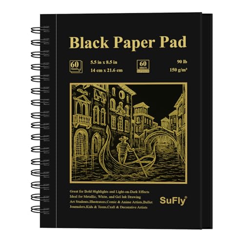 SuFly Black Paper Sketchbook 5.5 x 8.5, 60 Sheets (90lb/150gsm) Artist Papers for Drawing | Black Paper for Colored Pencils & Gel Pens, Artist Supplies, Sketch Books for Teens and Adults. - color: Black, size: 5.5-x-8.5-inch:1 Pack