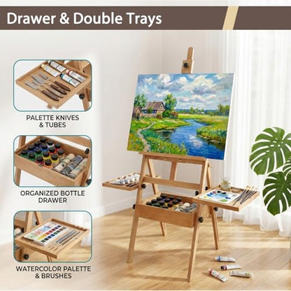 Beech Wood Painting Easel with Storage Drawer and 2 Palettes, H-Frame Adjustable Art Wooden Easel Stand with Signature Box for Adults, Students,Sturdy Canvas Holder up to 36'' - style: Easel Max
