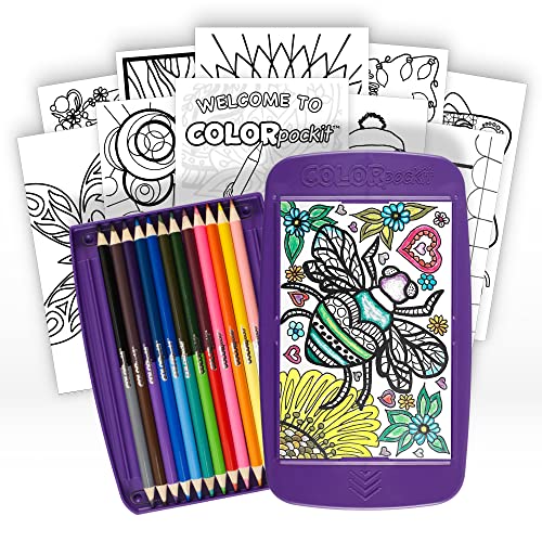 Colorpockit Coloring Kit Travel Art Set with Colored Pencils, 4x6 Coloring Cards, Built in Sharpener, Mess Free Trip Activities for Airplanes or Car, 8.5 x 5, 28 pieces - color: Purple