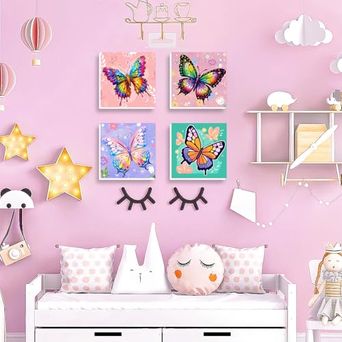 WEMEON 4 Pack Paint by Numbers Kit for Kids 4-8-12 with Framed, Butterfly Kids Small Paint by Numbers kit, Framed Mini Painting by Numbers for Kid Painting Set(8x8Inch) - color: ETYH52-53-54-55-US（8x8inch)