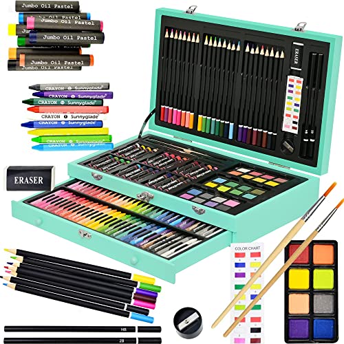 Sunnyglade 145 Piece Deluxe Art Set, Wooden Art Box & Drawing Kit with Crayons, Oil Pastels, Colored Pencils, Watercolor Cakes, Sketch Pencils, Paint Brush, Sharpener, Eraser, Color Chart (Green) - color: Green