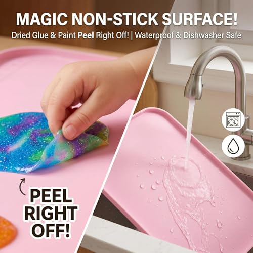 AWOKE 24"x16" Silicone Mats for Crafts with 0.7" High Edges, Large Leak-Proof Art Mat for Playdoh, Resin, Painting, Clay, Slime,Beads, Lego, Puzzle, Non-Stick & Non-Slip Kids Placemats, Pink - color: Pink