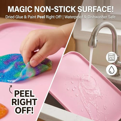 AWOKE 24"x16" Silicone Mats for Crafts with 0.7" High Edges, Large Leak-Proof Art Mat for Playdoh, Resin, Painting, Clay, Slime,Beads, Lego, Puzzle, Non-Stick & Non-Slip Kids Placemats, Pink - color: Pink
