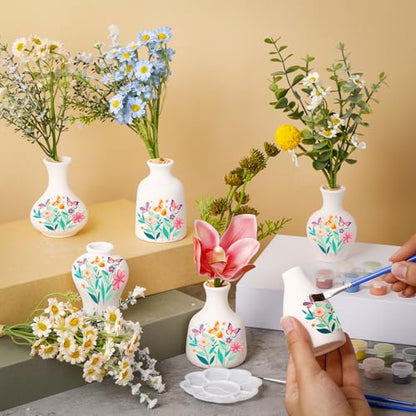 Fuyoooo 6 Sets Paint Your Own Vases Ceramic Vase to Paint Unpainted White Vases Ceramic Painting Kit for Adult with Brush Underglaze Paints Palettes for Adults Porcelain Vase DIY Summer Holiday