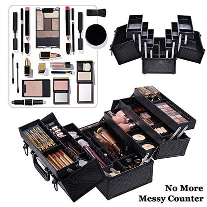 Joligrace Makeup Train Case Professional Adjustable - 6 Trays Cosmetic Cases Makeup Storage Organizer Box with Lock and Compartments 14 Inch Large Black - color: 3.Black