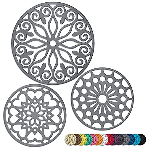 3 Set Silicone Trivet Mats with 1 Extra Large Included | Intricately Carved Insulated Flexible Durable Non Slip Thick Round Premium Trivets for Hot pots and Pans | Gray - color: Gray