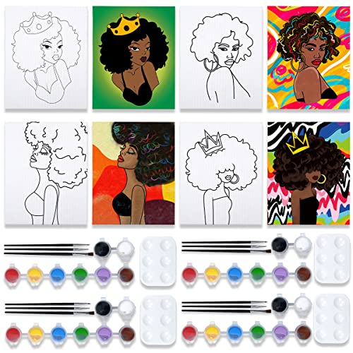 VOCHIC 4 Pack 8x10 Party Kits Canvas Painting Kit Pre Drawn Canvas for Painting for Adults Paint and Sip Supplies Afro Queen BLM Girl Paint Art Set - size: 8x10, style: style 1