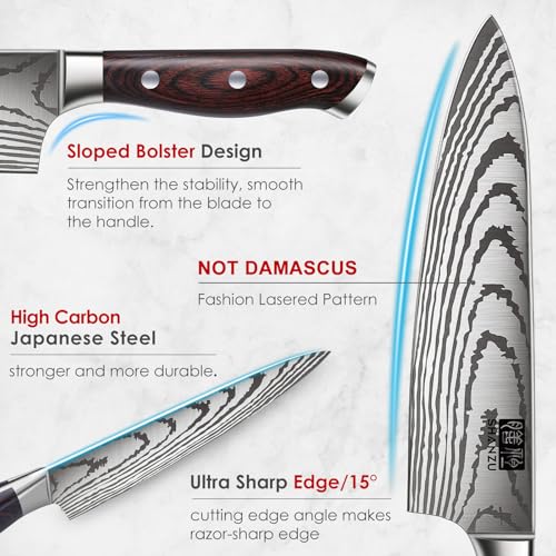 SHAN ZU Japanese Chef Knife Set 5 PCS, High Carbon Stainless Steel Ultra Sharp Kitchen Knives for cooking, Professional Chef Knife Set with Ergonomic Pakkawood Handle - color: 5 PC KNIFE SET