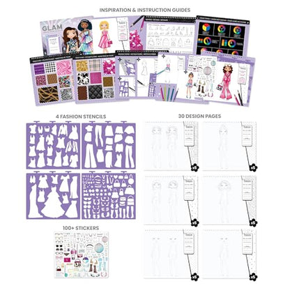 Fashion Angels Glam Fashion Sketch Set, Includes Sketch Pad with Stencils & Stickers, Fashion Design Sketch Book for Girls, Ideal Drawing Kit for Kids - color: Glam Fashion
