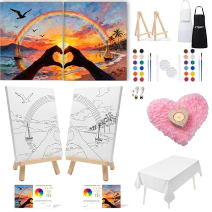 2 Pack Sip and Paint Kit for Couples – Pre-Drawn 8x10 Canvas Painting Set with Acrylic Paints & Brushes, Romantic Date Night Activity for Adults at Home (Premium Edition)