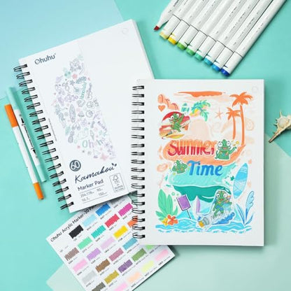 Ohuhu Double-Sided Marker Pad Art Sketchbook Bleedproof - 7"x10" Large Paper Size - 90 LB/150 GSM Smooth Drawing Paper - 60 Sheets/120 Pages - Spiral Bound Sketching Book for Alcohol Markers - size: 7" x 10”