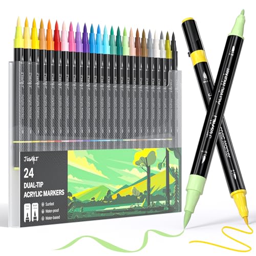 JusArt 24 Colors Dual Tip Acrylic Paint Pens Markers, Brush and Fine Tip, Premium Paint Pens for Wood, Canvas, Egg, Stone, Fabric, Rocks, Metal, Glass, Ceramic, DIY Crafts Making Art Supplies Gifts - color: Black Barrel - 24 Colors