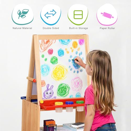 Dual-Sided Magnetic Art Easel, Wooden Activity Station w/ 2-Tier Storage Cabinet, Art Center for Toddlers, Classroom Whiteboard & Chalkboard