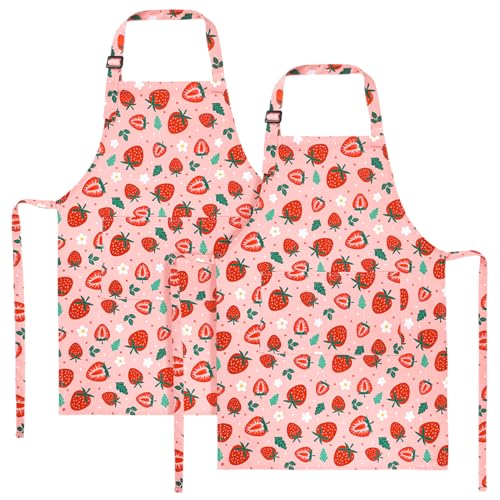 2 Pack Kids Apron, Cute Cooking Aprons, Waterproof Art Apron with Pockets, Toddler Painting Artist Apron Adjustable - color: Strawberry, size: 40*50cm