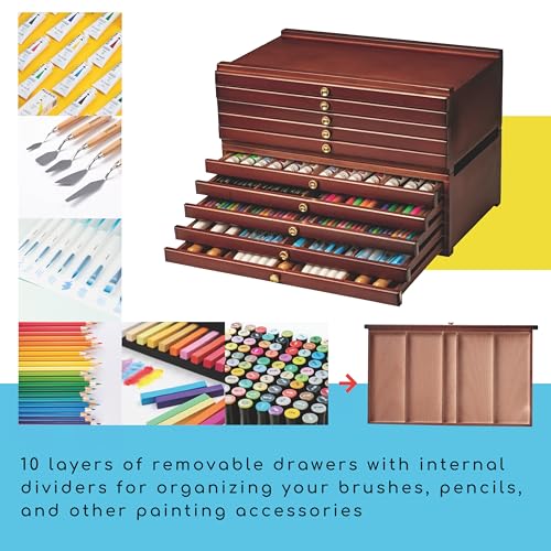 MEEDEN 10-Drawer Wood Artist Supply Storage Box, Portable Beechwood Multifunctional Pencil Brush Organizer Wood Box with Drawer&Compartments for Pastels, Pencils, Pens, Makeup Brushes(Deep Walnut) - size: 10 Layer Drawers