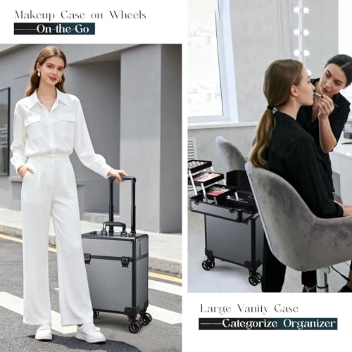 Rolling Makeup Case, Cosmetology Case on Wheels Professional Vanity Case with Trays for Women Large Travel Makeup Box Organizer Trolley with Key, Ashy Grey - color: Urban Black