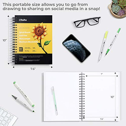 Ohuhu Marker Pads Art Sketchbook, 7"x10" Large Paper Size, 120 LB/200 GSM Heavy Smooth Drawing Papers, 60 Sheets/120 Pages, Spiral-Bound Sketch Book for Alcohol Markers Christmas Gift - size: 7" x 10"