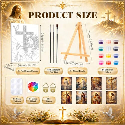 8 Sets 8" x 10" Jesus Pre Drawn Canvas to Paint for Sip and Paint Party Jesus Predrawn Coloring Set Pre Sketched Canvas Boards with Paints and Brushes for Adult - style: Jesus