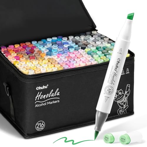 Ohuhu Brush Markers - 216-color Double Tipped Alcohol-based Art Marker Set for Artist Adults Coloring Illustration -Brush & Chisel Dual Tips - Honolulu Series of Ohuhu Markers - Refillable Ink - style: Brush & Chisel