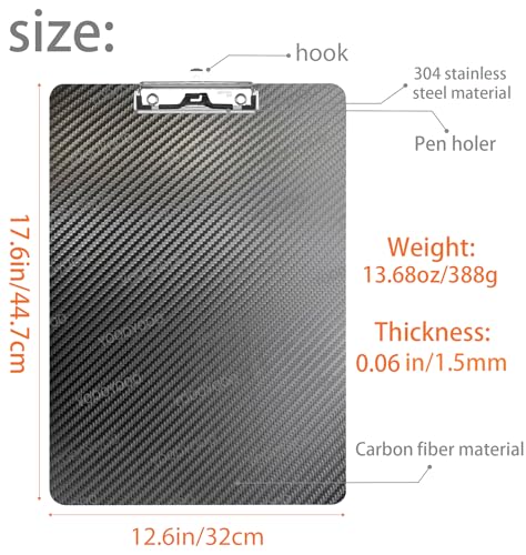 12.6 * 17.6 * 0.06inch 304 Stainless Steel Clip Super Hard&Portable Carbon Fiber Clipboard with Hook&Pen Holder,Strong Low Profile Clip,Dry Carbon Clip Board,Writing Board,Ledger a3 8k - color: 304 Stainless Steel Clip, size: 12.6*17.6*0.06inch+1Clip