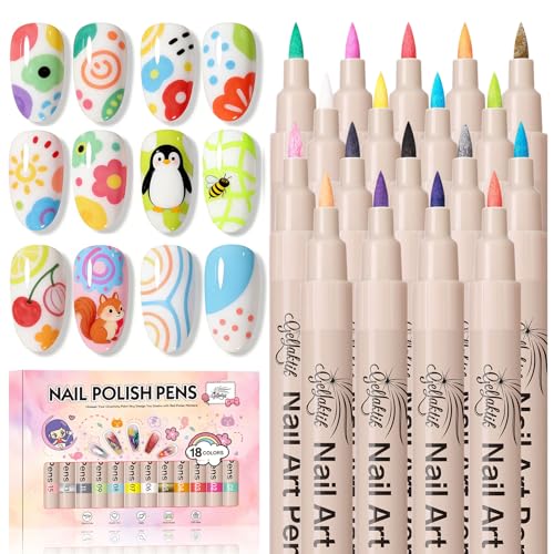 18 Colors Nail Art Pens Set, 3D Nail Polish Pens Quick-Drying Acrylic Paint Markers, Dotting Liner Brush for DIY Nail Design, Home & Salon Manicure Tools - color: grey