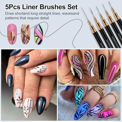 MUIIGOOD Nail Art Liner Brushes, 5Pcs Liner Brush For Nails, Painting Nail Art Brush Set Dotting Drawing Tool for Long Lines, Thin Details, UV Gel Polish Painting, Fine Drawing 7/9/11/15/25mm(Black) - color: Black