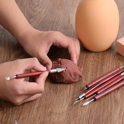 6 PCS Sculpting Tools, Stainless Steel Double Head Air Dry Clay Tools Wooden Handle Polymer Clays Tool for Carving Making Pumpkin Pottery Embossing Shaping DIY Crafts Supplies