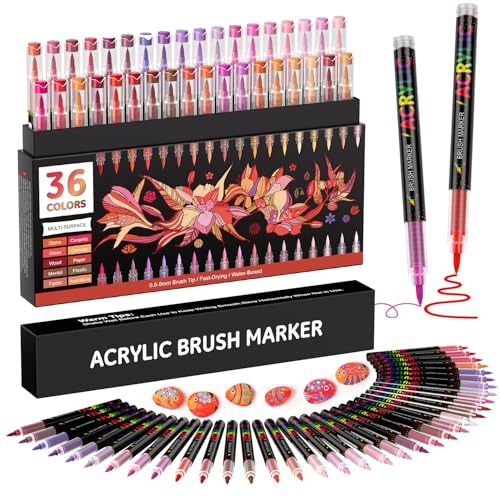 Sanyetral 36 Red Tones Colors Acrylic Paint Markers, Soft Brush Tip Paint Pens, Acrylic Pens for Wood, Stone, Canvas, Glass, Fabric, Egg & DIY Crafts Art Supplies (Red) - color: Red