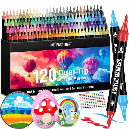 Pagather 120 Colors Acrylic Paint Markers, Dual Tip Fine Tip and Brush Tip Pens Contain 24 Metallic Color for Fabric, Stone, Wood, Canvas, Ceramic, Metal, Glass, Rock Painting, DIY Crafts - color: 120 Colors