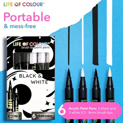 Life of Colour Black & White Brush Tip Acrylic Paint Pens | Permanent Black & White Acrylic Paint Pens for Detailing, Lettering, Ceramics, Canvas, Rocks & Creative Crafts. - style: Black and White Brush Tips