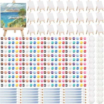 24 Pack Mini Canvas Boards and Easel Paint Set,24 Canvas and Easel,12 Colors Acrylic Paint Strips,48 Brushes,24 Palettes,Washable Acrylic Paint Set for Painting Crafts Party Favors(5.9"x5.9") - color: 5.9" x 5.9"