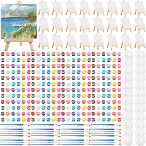 24 Pack Mini Canvas Boards and Easel Paint Set,24 Canvas and Easel,12 Colors Acrylic Paint Strips,48 Brushes,24 Palettes,Washable Acrylic Paint Set for Painting Crafts Party Favors(5.9"x5.9") - color: 5.9" x 5.9"