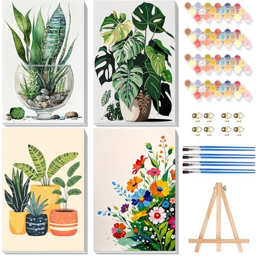 4 Pack Paint by Numbers for Adults with Framed Canvas - with Wooden Easel, Plant Paint by Number for Beginners, Easy Flowers Acrylic Oil Painting on Canvas with Brushes for Home Wall Decor (8x12 inch) - color: BKH1308+BKH1767+BKH1768+BKH1769