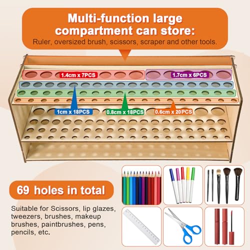 Wooden Paint Brush Holder with Glue 67 Hole and Large Tool Compartment Paint Brush Organizer Desk Paintbrush Holder Stand Wood Paintbrush Rack