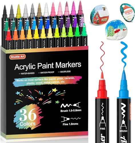 Shuttle Art 36 Colors Dual Tip Acrylic Paint Markers, Brush and Fine Tip for Rock Painting, Ceramic, Wood, Canvas, Plastic, Glass, Stone, Calligraphy, Card Making, DIY Crafts - color: 36 Colors Brush Tip and Fine Tip