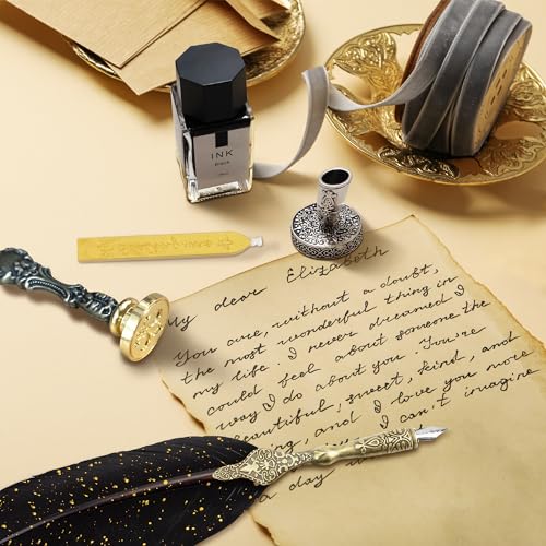 Quill Pen and Ink Set with Wax Seal Stamp - Black Feather Calligraphy Set for Beginners, Antique Dip Pen with 18 Nibs & Stand, Gift Boxed - color: BlackFeather