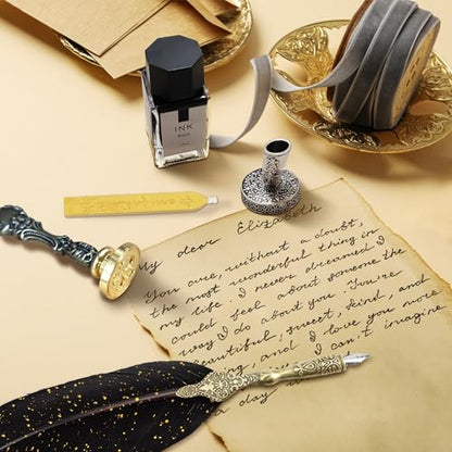 Quill Pen and Ink Set with Wax Seal Stamp - Black Feather Calligraphy Set for Beginners, Antique Dip Pen with 18 Nibs & Stand, Gift Boxed - color: BlackFeather