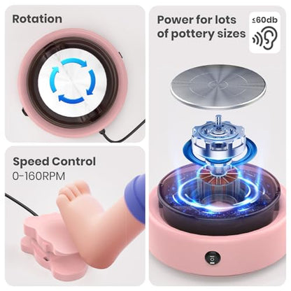 Skirfy Mini Pottery Wheel for Beginners Adults with Foot Pedal9.5" Ceramic Machine for Kids Art Craft Glow in Dark Kits 2.2LB Air-Dry Clay,Carving Tools Adjustable Speed,DIY Projects Birthday Gift - color: Pink