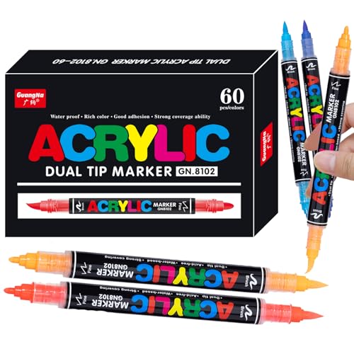 Guangna 60 Colors Acrylic Paint Markers, Dual Tip Paint Markers Pens Set with Soft Brush Tip, Multifunctional Fine Tip Markers for Wood, Canvas, Rock Painting,Glass,Diy Crafts Art Supplies, Waterproof - color: Dual Tip 60 Colors