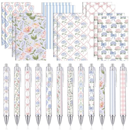 Motiskyy 24 Pcs Blue Hydrangea and Bow Floral Pens Flower Ballpoint Pens Flower Notepads Set Design Line Notebook Employee Gifts Set for Student School Office Supplies, Back to School Gift - style: Pink and White