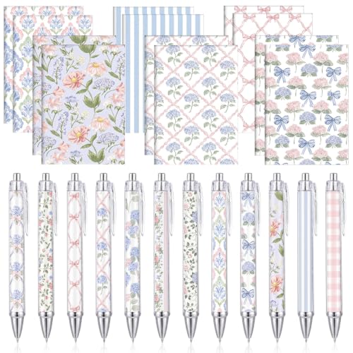Motiskyy 24 Pcs Blue Hydrangea and Bow Floral Pens Flower Ballpoint Pens Flower Notepads Set Design Line Notebook Employee Gifts Set for Student School Office Supplies, Back to School Gift - style: Pink and White