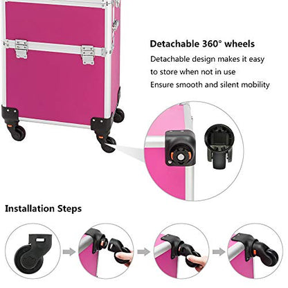 mefeir 3 in 1 Rolling Makeup Train Case, Aluminum Makeup Travel Organizer Cosmetic Case, Cosmetology Display Suitcase on Wheels, Beauty Storage Luggage Lockable w/4 Removable Wheels (Rose-Pink) - color: Rose Pink