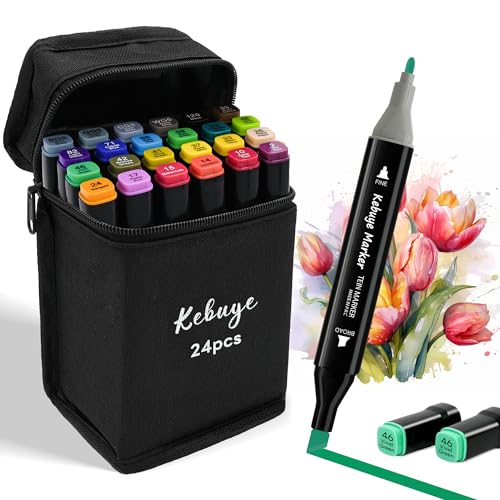 Kebuye Alcohol Markers 24 Colors - Drawing Marker for Adult Coloring Books No Bleeding Dual Tip Art Marker - Art Market Set for School Sketching Coloring Alcohol Based Markers with Base - style: Black-24PCS