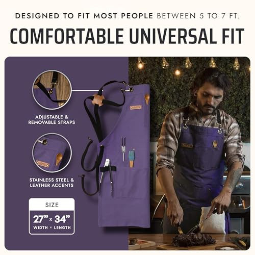 Asaya Chef and BBQ Apron with Bottle Opener and Hand Towel - 10oz Cotton Canvas, Stainless Steel Hardware - Cross Back Straps - color: Purple