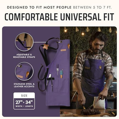 Asaya Chef and BBQ Apron with Bottle Opener and Hand Towel - 10oz Cotton Canvas, Stainless Steel Hardware - Cross Back Straps - color: Purple