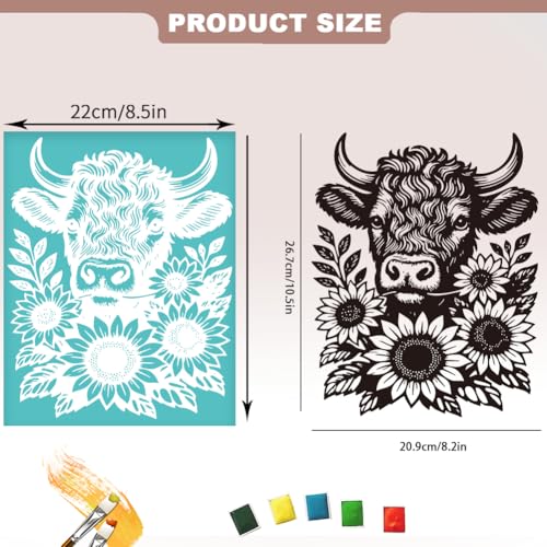 2 Sheets Silk Screen Stencil, The Cow Consumes Sunflowers Reusable Stencils Templates Self-Adhesive Silk Screen Printing for Wall Border Wood Fabric Home Craft Decor - style: Cow Sunflowers