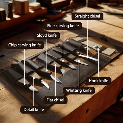 Wood Carving Kit for Beginners - Gift Ready Complete Tools Set | Whittling Kit with 8 Wood Carving Knives, Spoon Carving Tools, Wood Blocks, Gloves, Roll Bag and Sharpening Strop