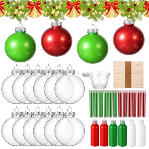 Baderke 12 Pcs Christmas Hanging Clear Plastic Fillable Ornaments with 6 Paint, 12 Glitters, Stick and Mixing Cups DIY Christmas Ornament Balls for Tree Hanging Decorations